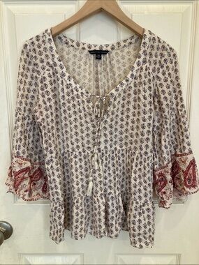 American Eagle Outfitters Cream Tunic with Red Paisley Sleeve Detail